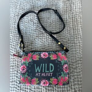 PAPAYA Vinyl Black & Pink Floral Zipper Hand Bag Long Strap  Wild At Hea…